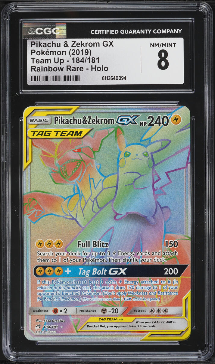 2019 Pokemon Sun & Moon Team Up Rainbow Rare Pikachu & Zekrom GX #184 CGC 8 NM-MT