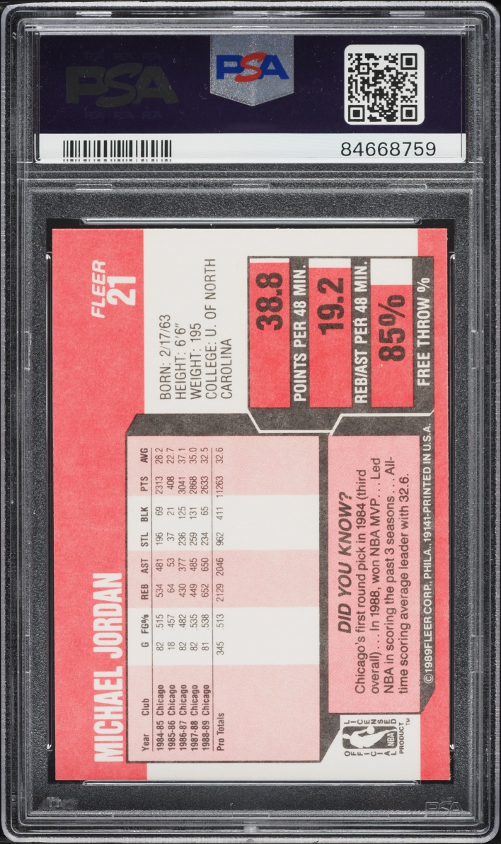 1989 Fleer Basketball Michael Jordan #21 PSA 8 NM-MT