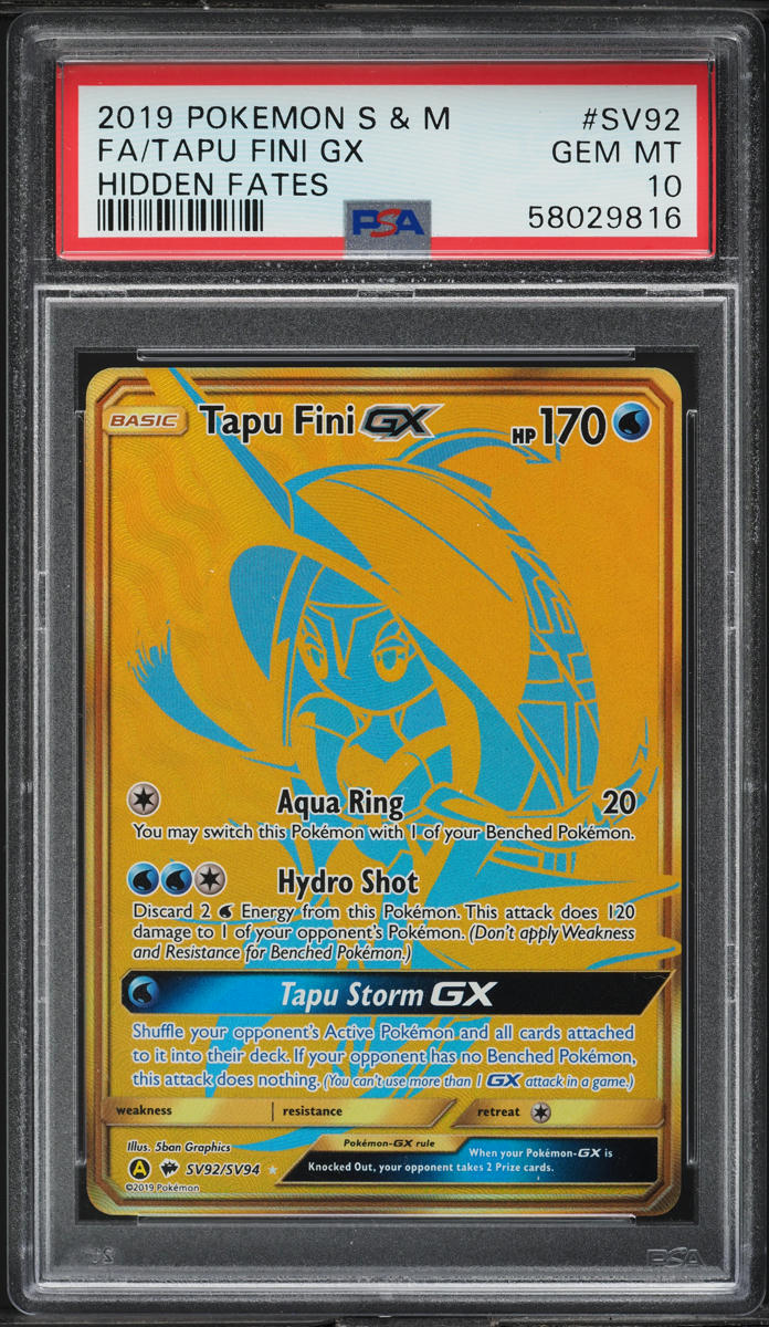 2019 Pokemon Sun & Moon Hidden Fates Full Art Shiny Tapu Fini GX #SV92 PSA 10 GEM MINT
