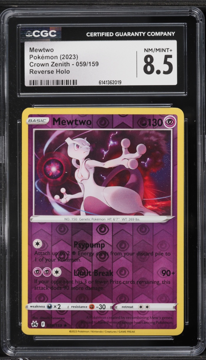 2023 Pokemon Sword & Shield Crown Zenith Reverse Holo Mewtwo #59 CGC 8.5 NM-MT+