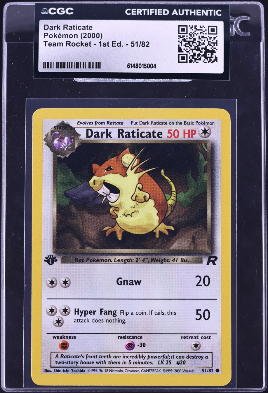 2000 Pokemon Team Rocket 1st Edition Dark Raticate #51 CGC AUTH