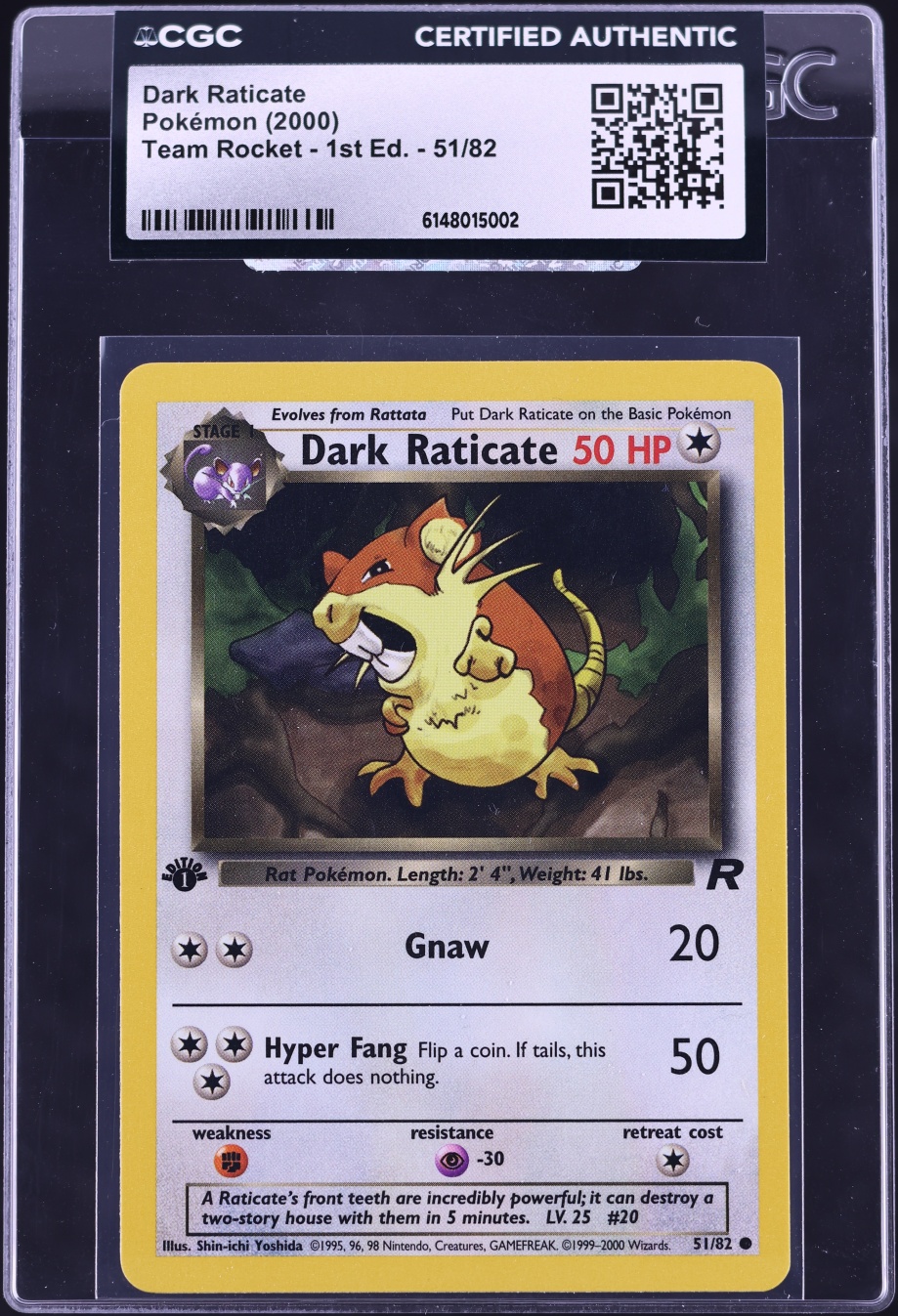 2000 Pokemon Team Rocket 1st Edition Dark Raticate #51 CGC AUTH