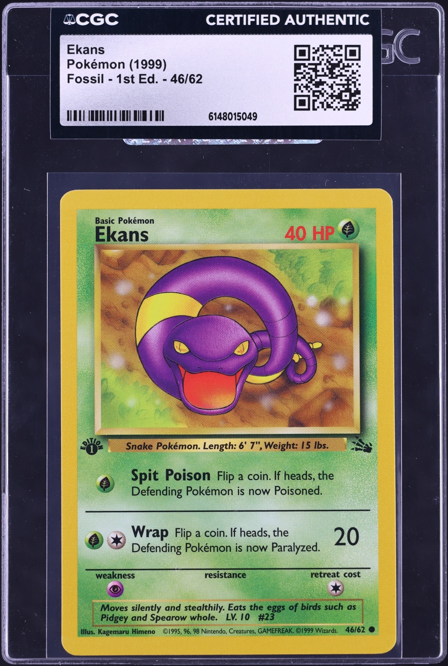 1999 Pokemon Fossil 1st Edition Ekans #46 CGC AUTH