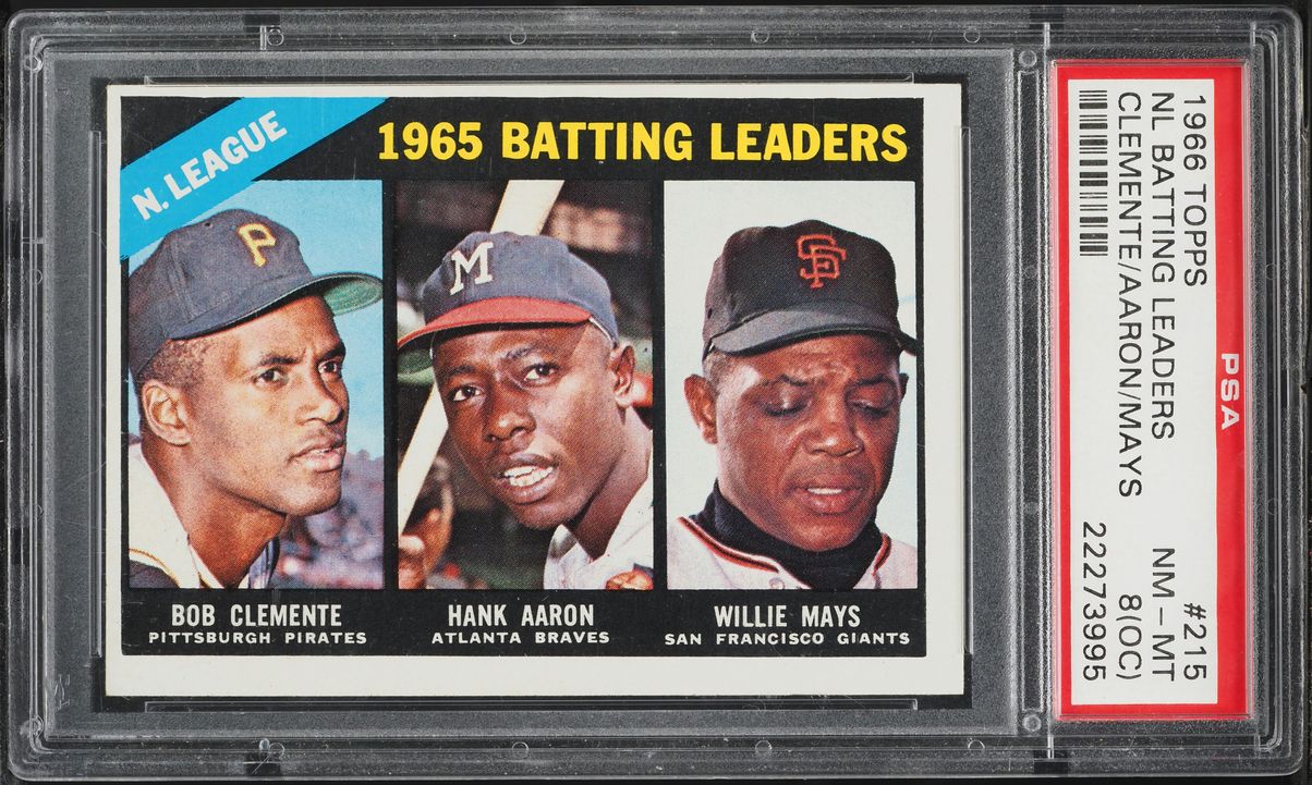 1966 Topps Willie Mays Hank Aaron Roberto Clemente  BATTING LDRS #215 PSA 8(oc) NM-MT