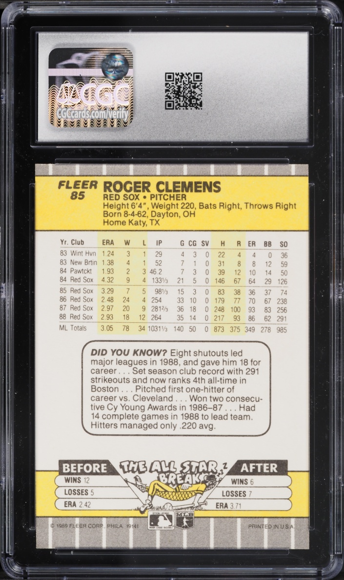 1989 Fleer Roger Clemens #85 CGC 7 NRMT