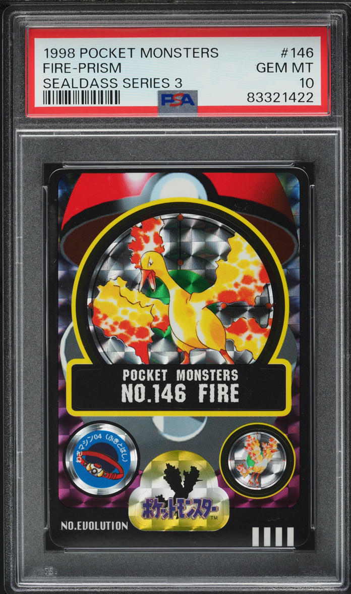 1998 Pokemon Japanese Pocket Monsters Sealdass Sticker Prism Moltres #146 PSA 10