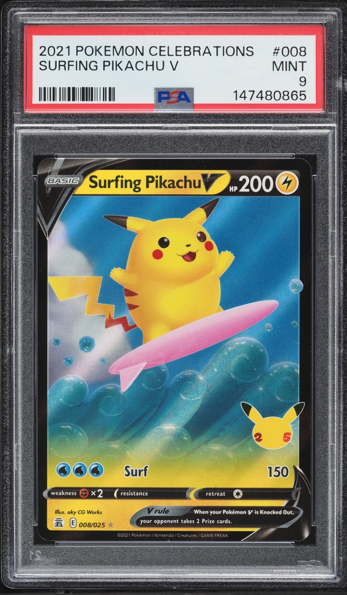 2021 Pokemon Sword & Shield Celebrations Holo Surfing Pikachu V #8 PSA 9 MINT
