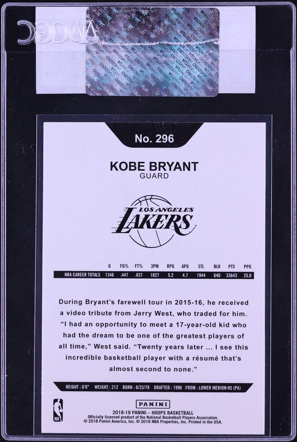 2018 Hoops Kobe Bryant #296 CGC AUTH