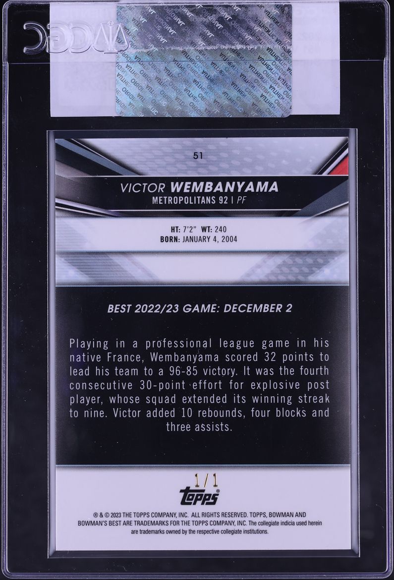 2022 Bowman University Best SuperFractor Victor Wembanyama ROOKIE 1/1 #51 CGC AUTH
