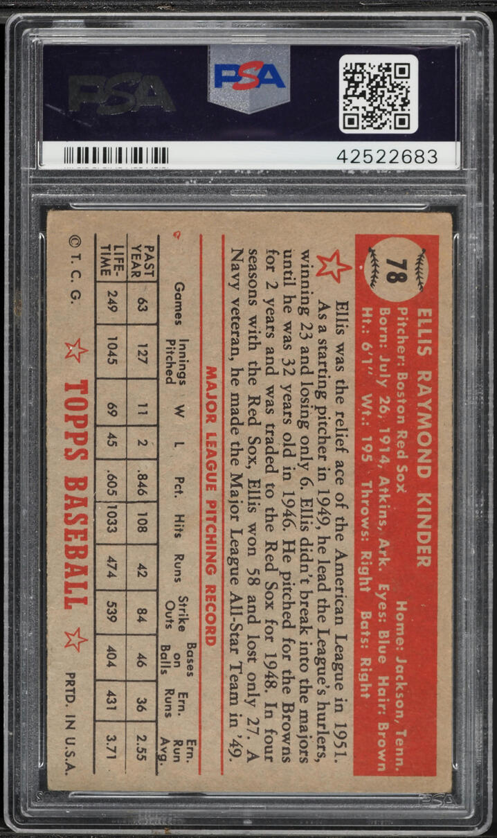 1952 Topps Ellis Kinder #78 PSA 3 VG