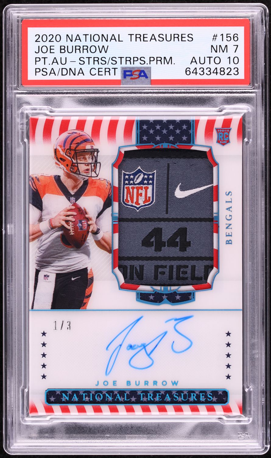 2020 National Treasures Stars Stripes Premium Joe Burrow RC PATCH AUTO 1/3 PSA 7