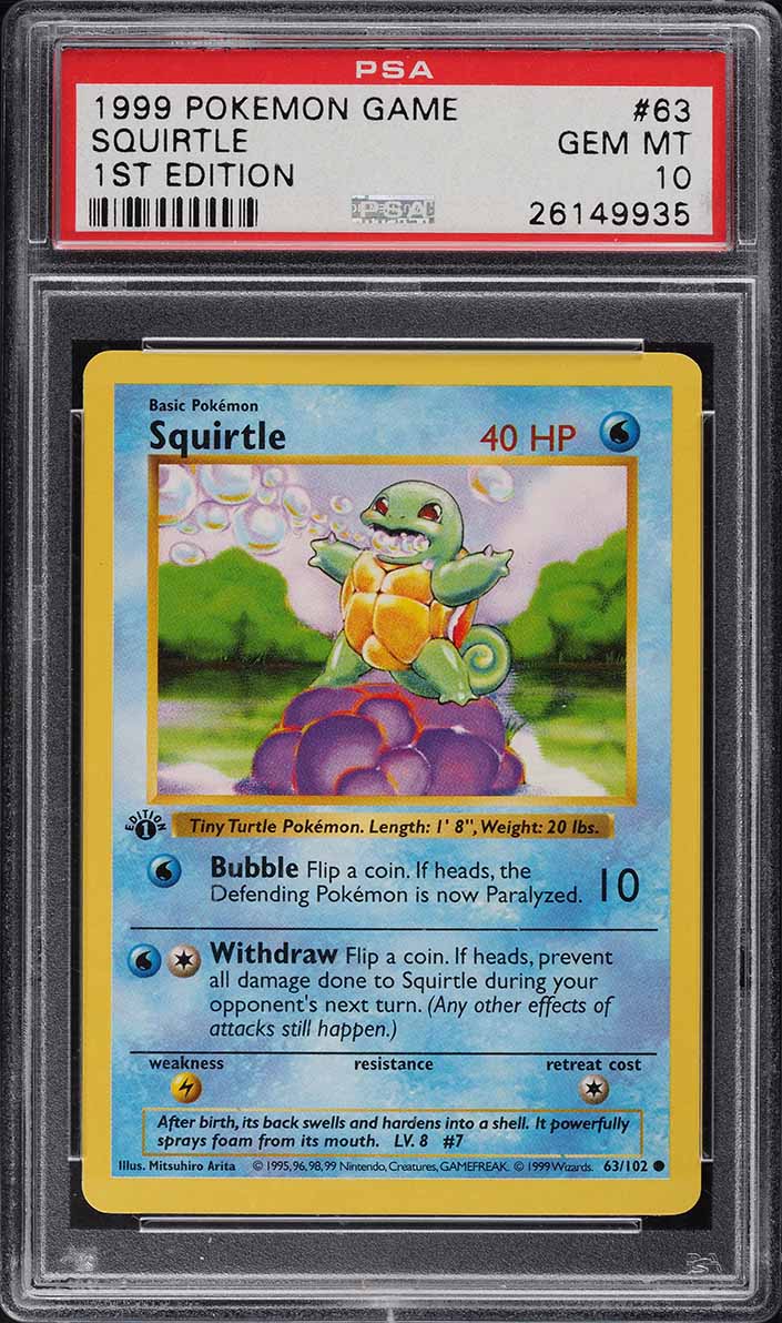 1999 Pokemon Base Set Shadowless 1st Edition Squirtle #63 PSA 10 GEM MINT