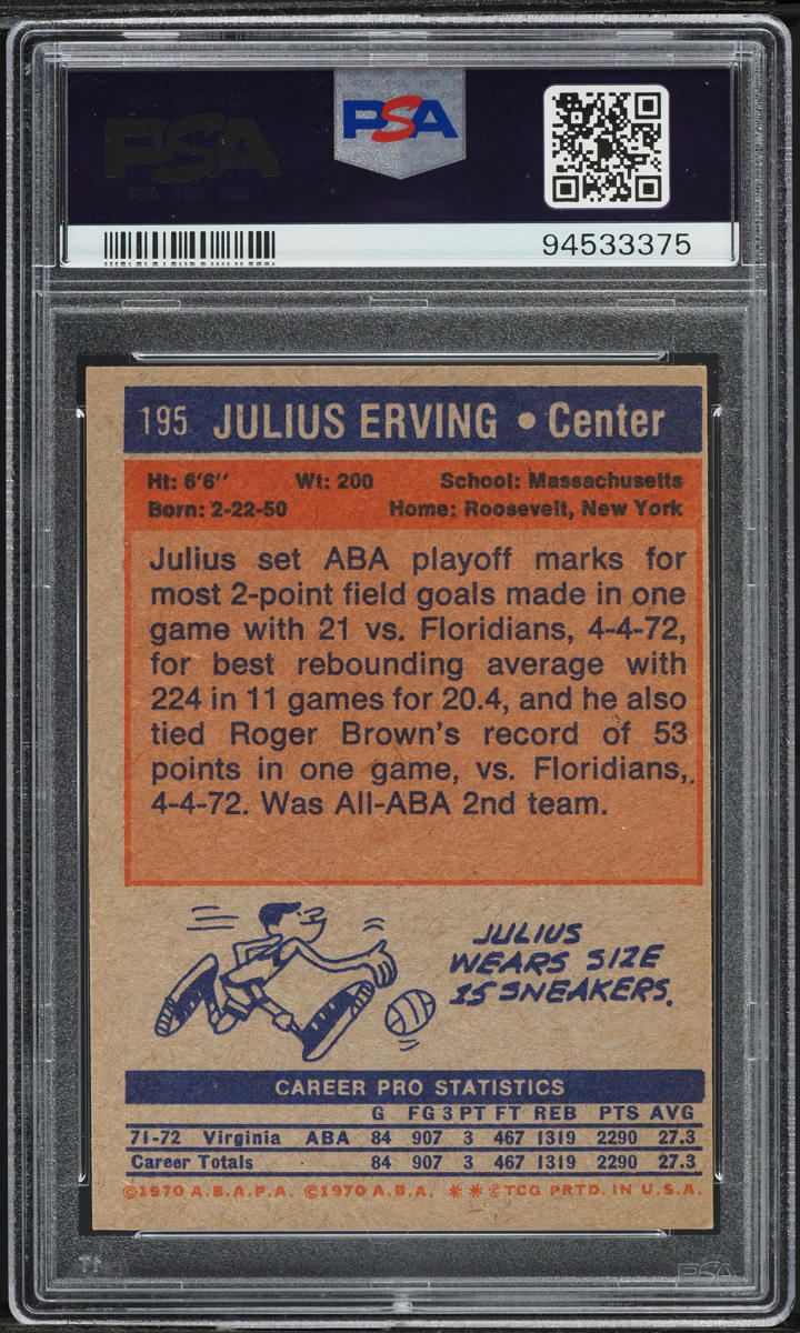 1972 Topps Basketball Julius Erving ROOKIE #195 PSA 6 EXMT