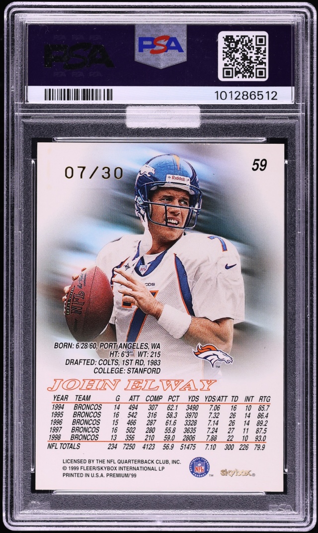 1999 Skybox Premium Shining Star Rubies John Elway JERSEY # 7/30 #59 MBA PSA 7 NRMT