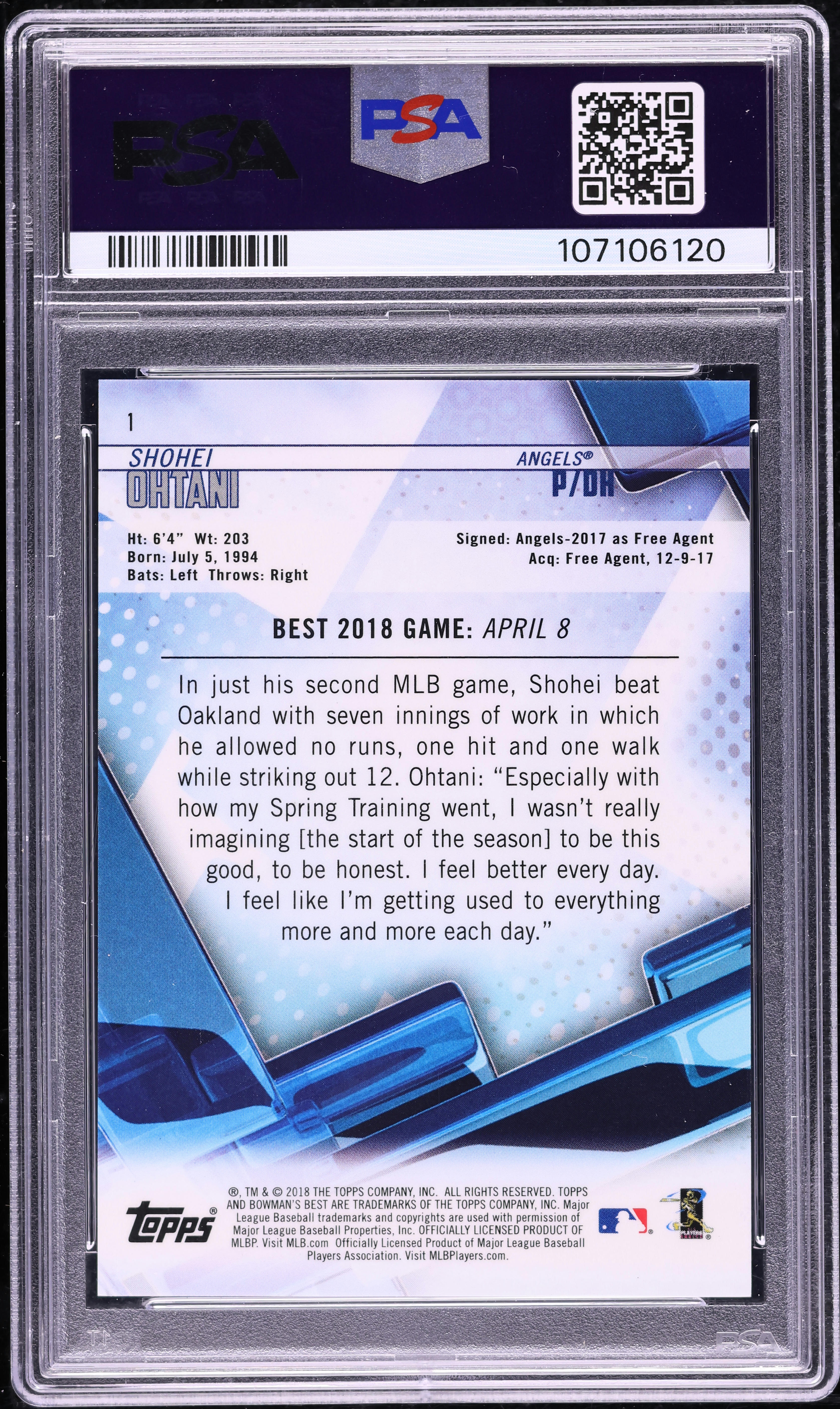 2018 Bowman's Best Purple Refractor Shohei Ohtani ROOKIE