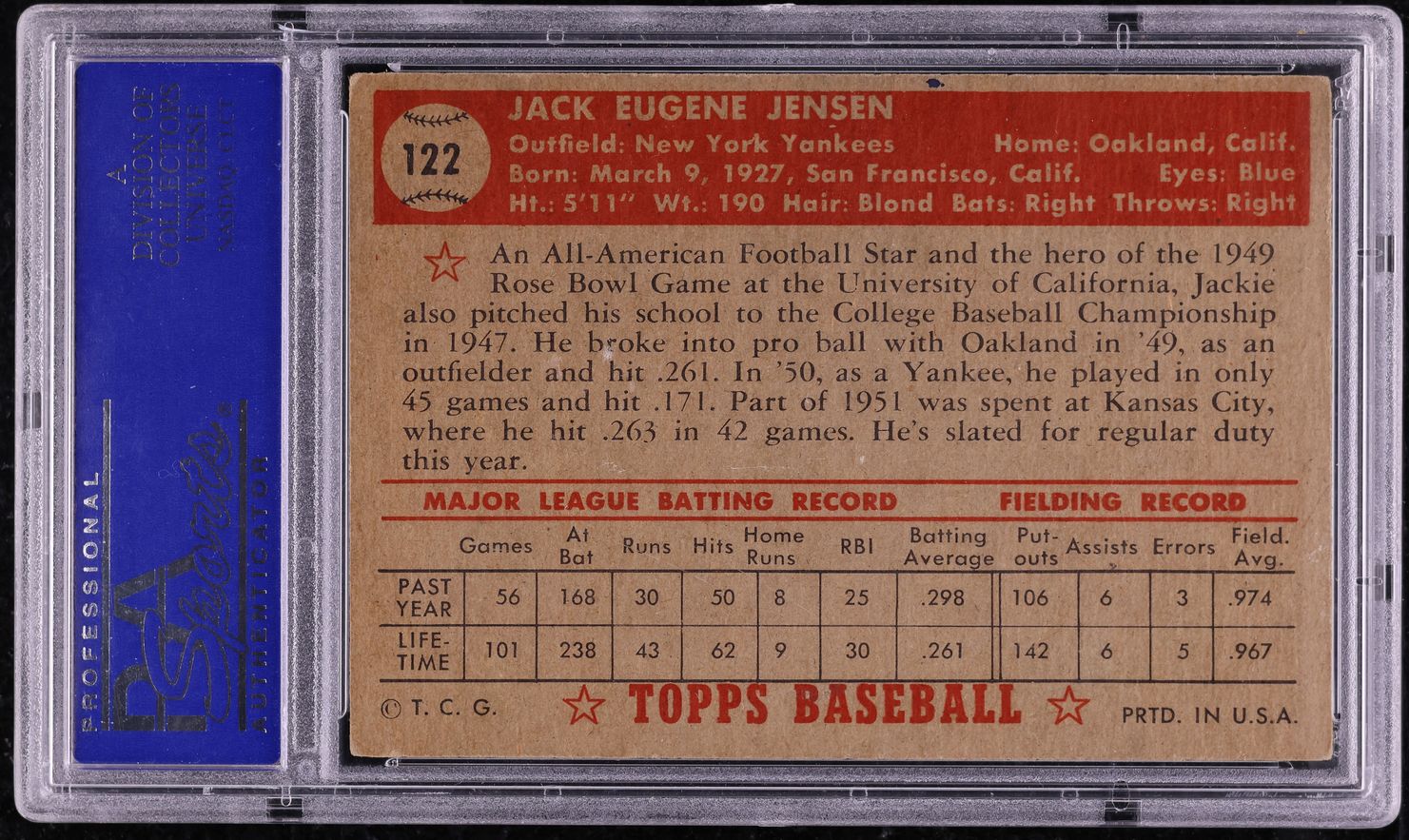 1952 Topps Jack Jensen #122 PSA 5 EX