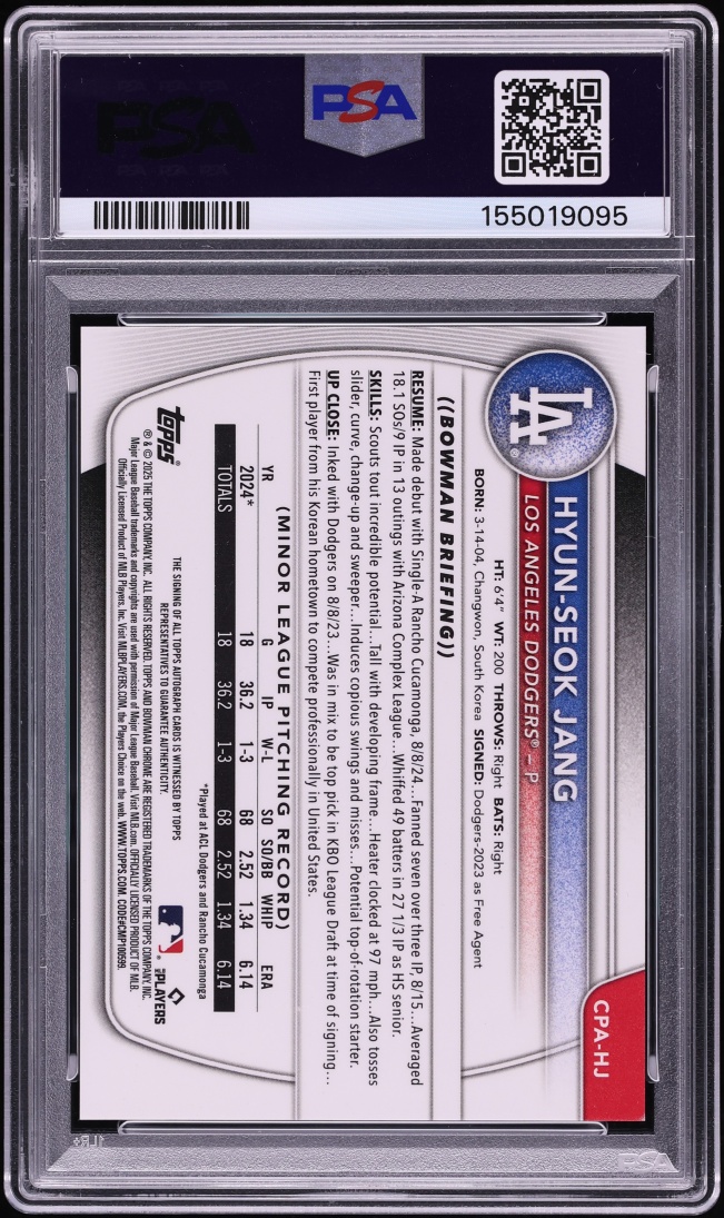 2025 Bowman Chrome Red Refractor Hyun-Seok Jang PROSPECT AUTO /5 #CPAHJ PSA 7 NRMT - Photo 2
