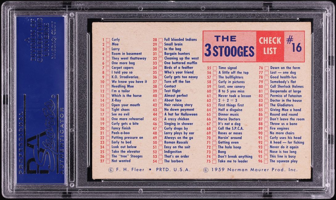 1959 Fleer The 3 Stooges You Can't Keep... CHECKLIST #16 PSA 7 NRMT - Photo 2