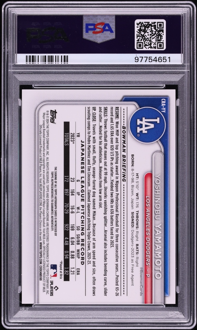 2024 Bowman Chrome Orange Refractor Yoshinobu Yamamoto ROOKIE AUTO /25 #CRAYY PSA 9 MINT - Photo 2
