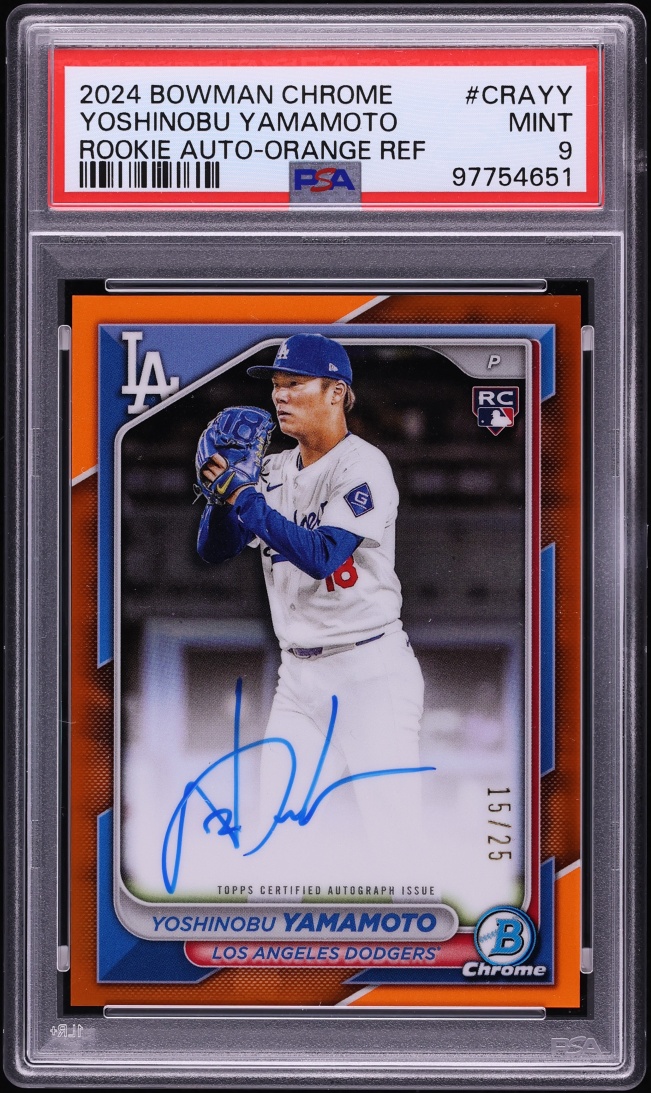 2024 Bowman Chrome Orange Refractor Yoshinobu Yamamoto ROOKIE AUTO /25 #CRAYY PSA 9 MINT - Photo 1
