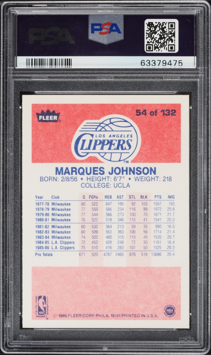 1986 Fleer Basketball Marques Johnson #54 PSA 9 MINT