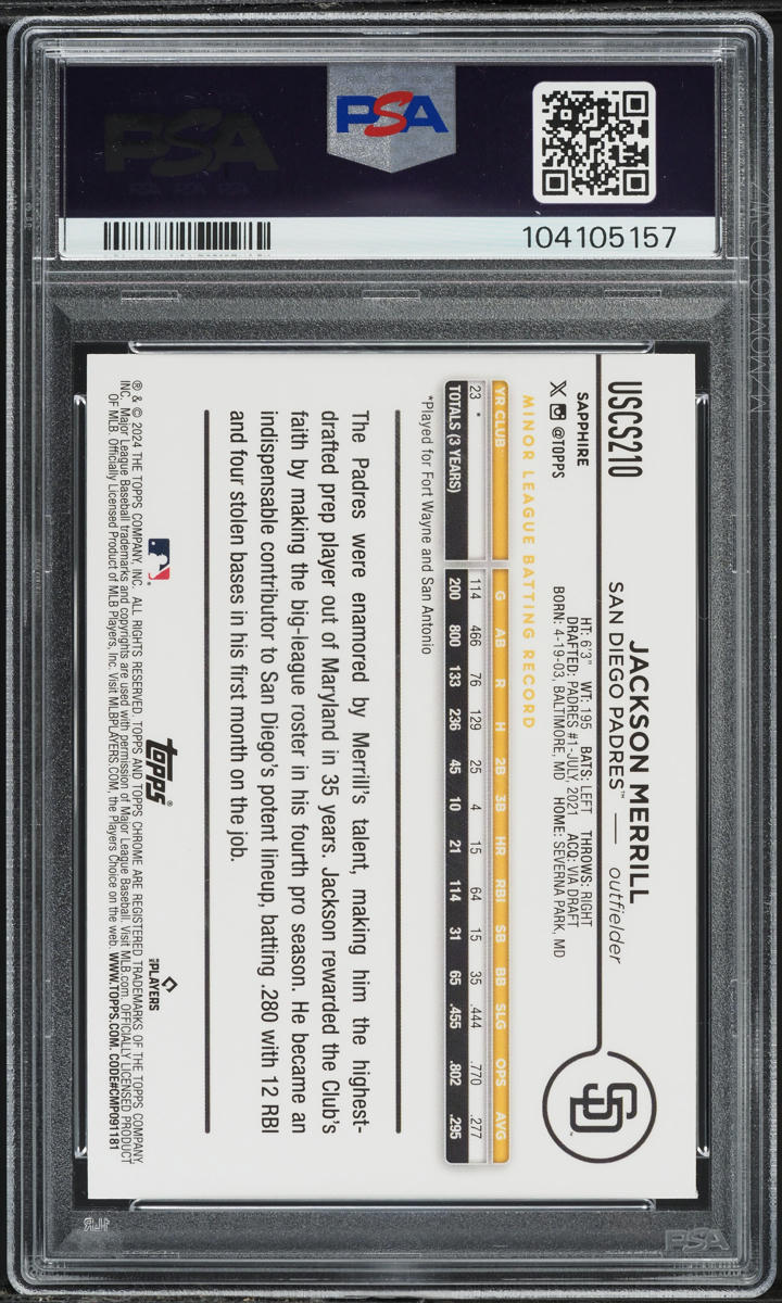 2024 Topps Chrome Update Sapphire Jackson Merrill ROOKIE #210 PSA 10 GEM MINT