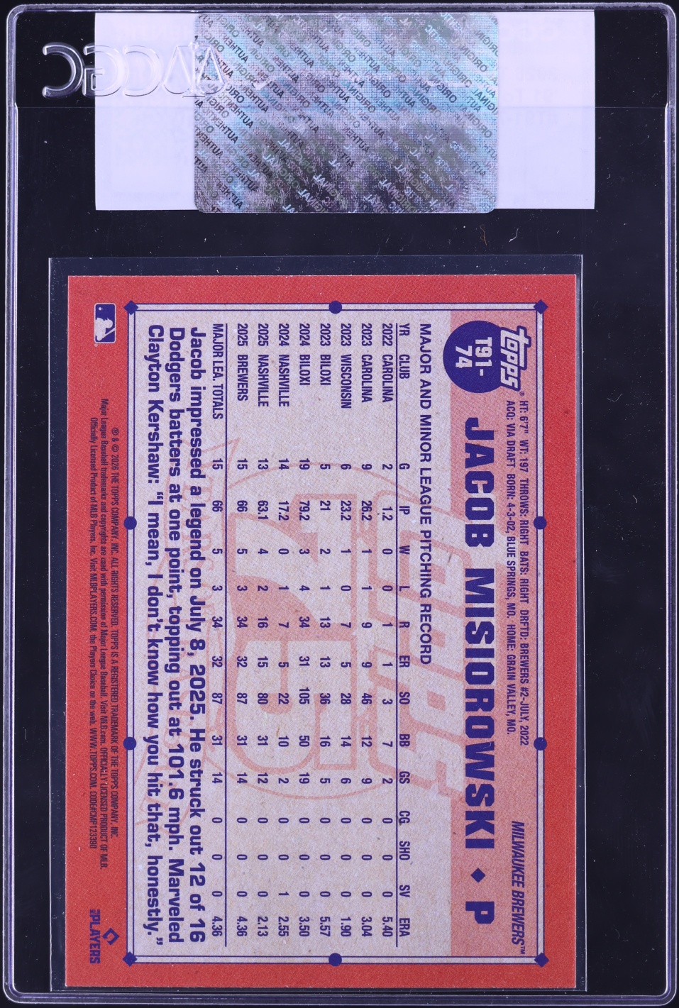 2026 Topps '91 Jacob Misiorowski ROOKIE #T91-74 CGC AUTH