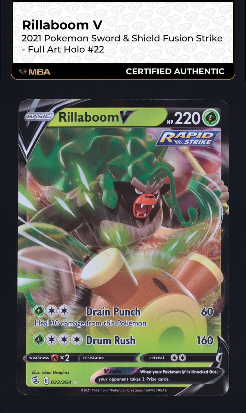 2021 Pokemon Sword & Shield Fusion Strike Full Art Rillaboom V #22 MBA AUTH