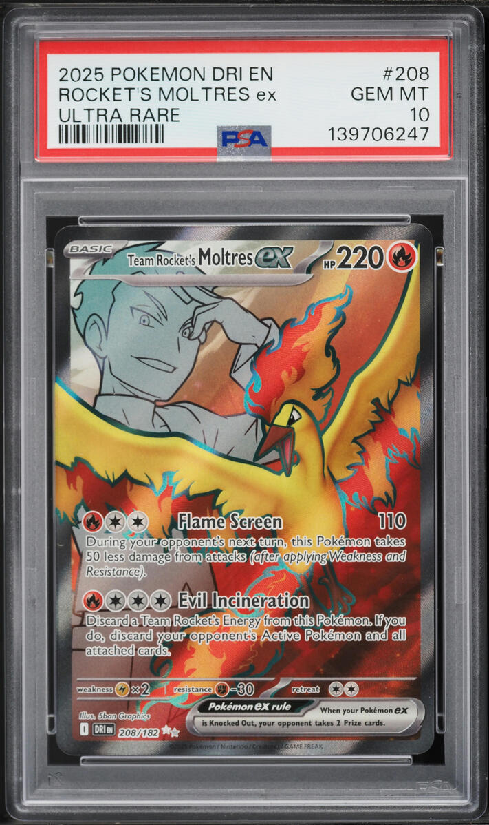 2025 Pokemon Scarlet & Violet Destined Rivals Full Art Team Rocket's Moltres ex #208 PSA 10 GEM
