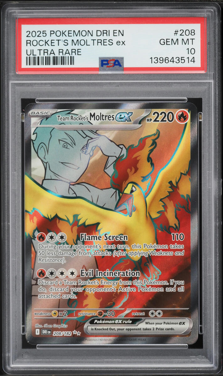 2025 Pokemon Scarlet & Violet Destined Rivals Full Art Team Rocket's Moltres ex #208 PSA 10 GEM