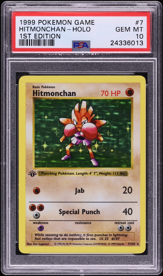 1999 Pokemon Base Set Shadowless 1st Edition Thick Stamp Holo Hitmonchan #7 PSA 10 GEM MINT
