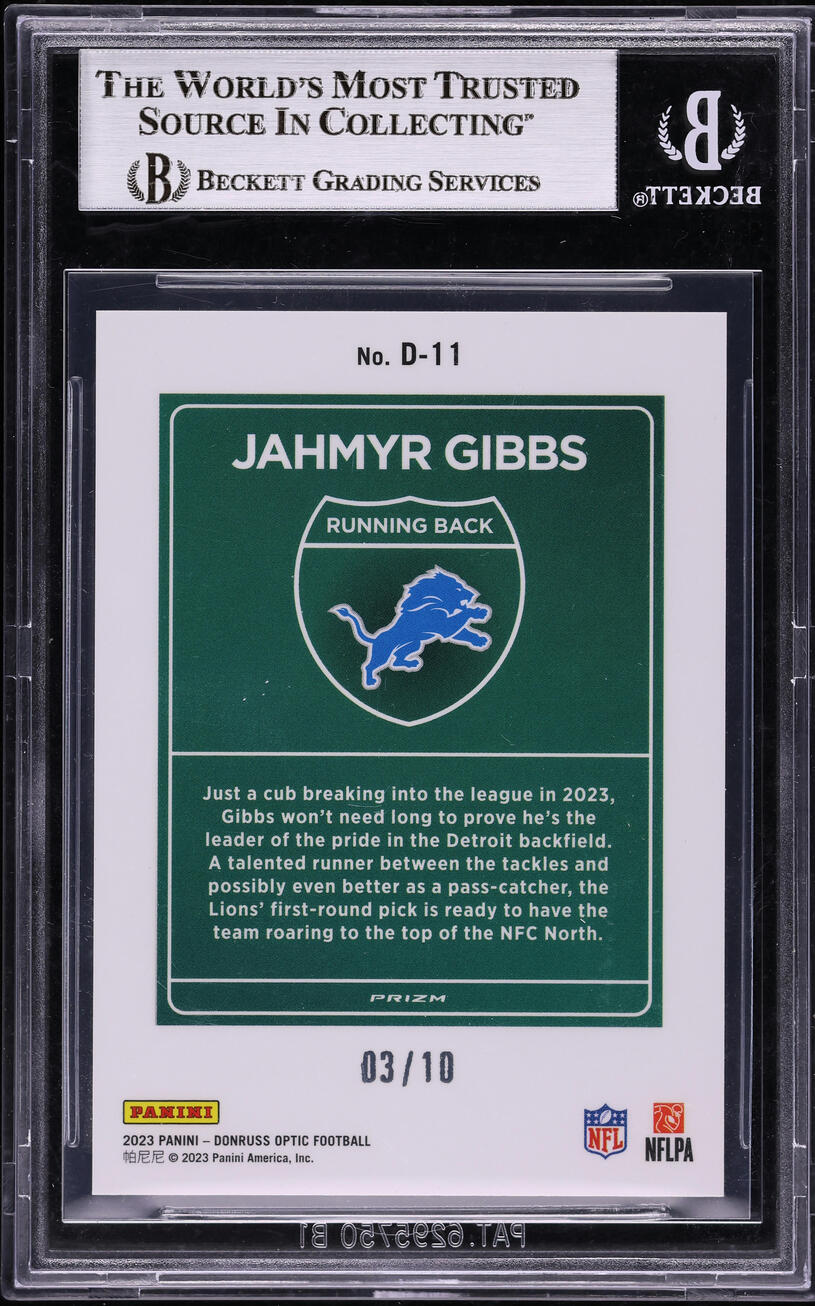 2023 Donruss Optic Downtown Gold Jahmyr Gibbs ROOKIE /10 #11 BGS 8.5 NM-MT+