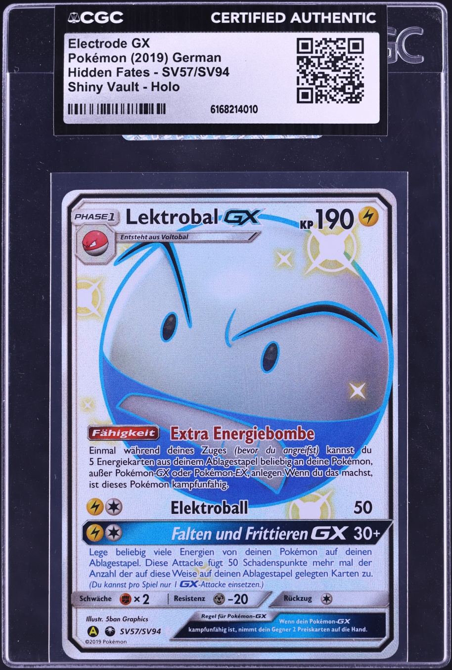 2019 Pokemon German Sun & Moon Hidden Fates Shiny Vault Full Art Electrode GX #SV57 CGC AUTH