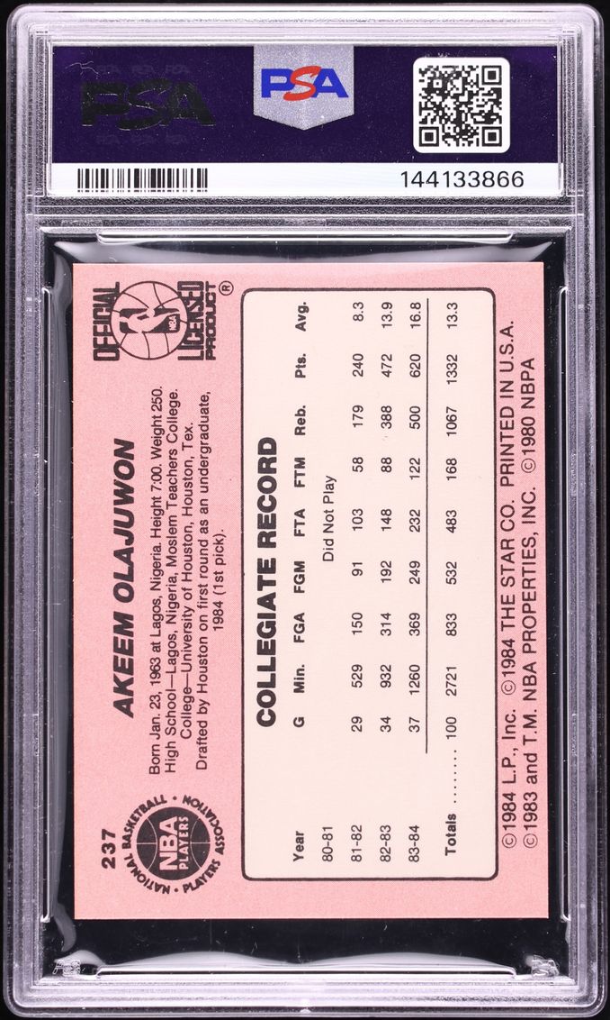 1984 Star Basketball Hakeem Olajuwon ROOKIE AUTO DNA 10 #237 PSA 8 NM-MT