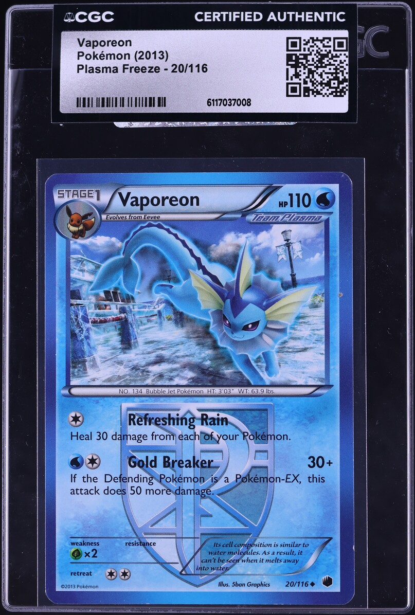 2013 Pokemon Black & White Plasma Freeze Vaporeon #20 CGC AUTH