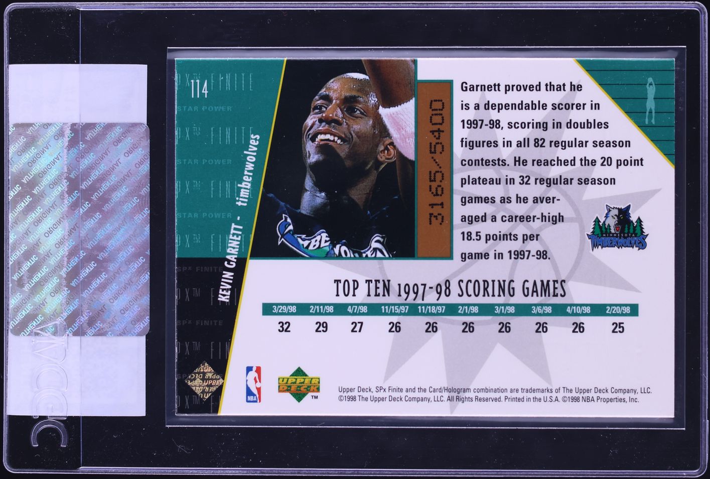 1998 SPx Finite Kevin Garnett /5400 #114 CGC AUTH