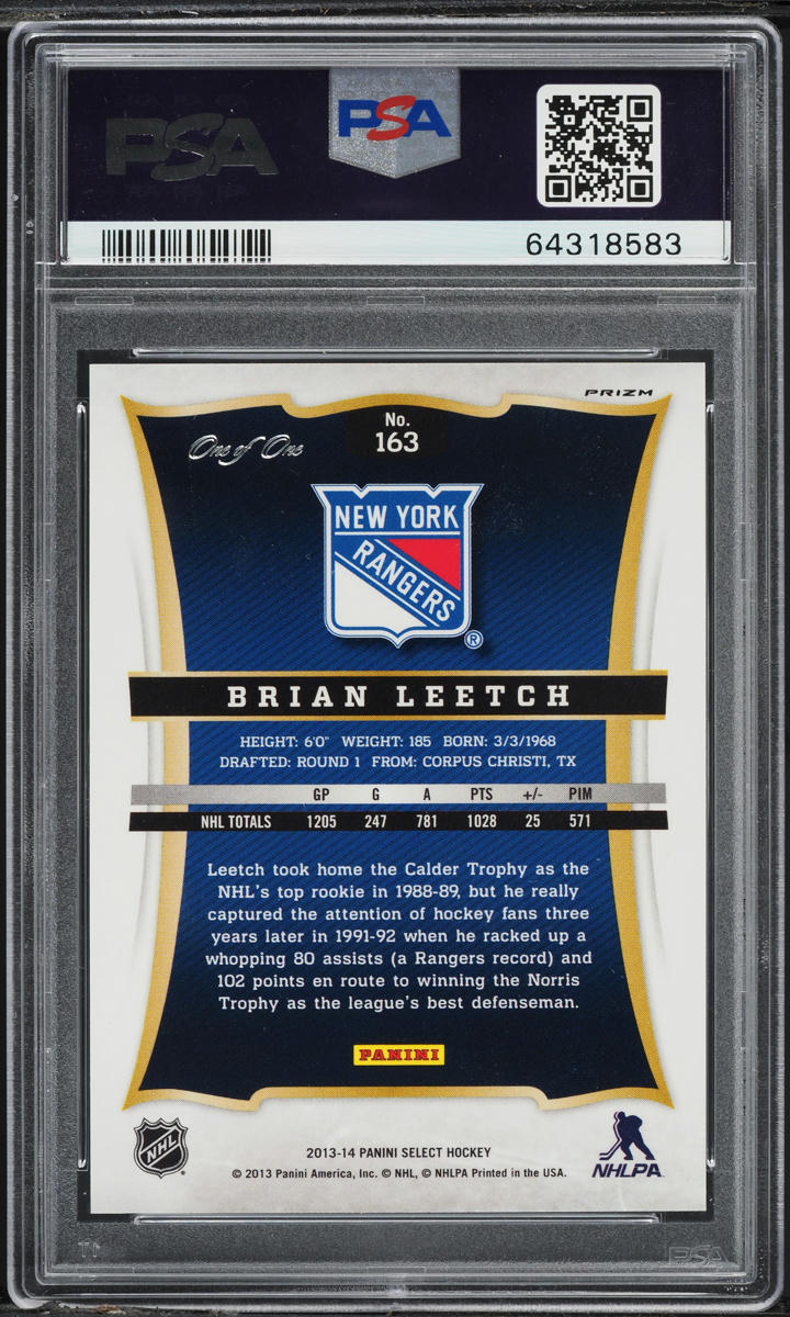 2013 Select Black Prizm Brian Leetch 1/1 #163 PSA 10 GEM MINT