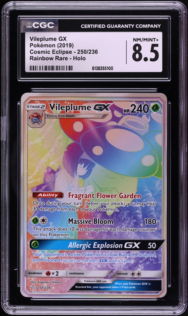 2019 Pokemon Sun & Moon Cosmic Eclipse Rainbow Rare Vileplume GX #250 CGC 8.5 NM-MT+