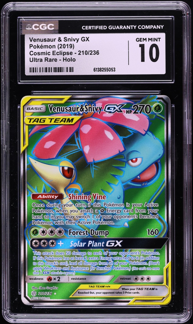 2019 Pokemon Sun & Moon Cosmic Eclipse Full Art Venusaur & Snivy GX #210 CGC 10 GEM MINT