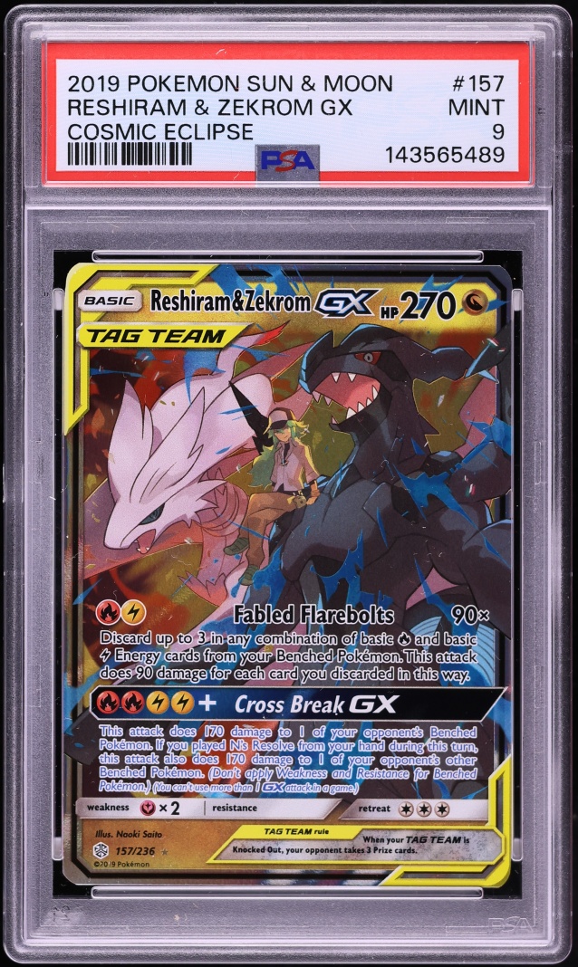 2019 Pokemon Sun & Moon Cosmic Eclipse Reshiram & Zekrom GX #157 PSA 9 MINT
