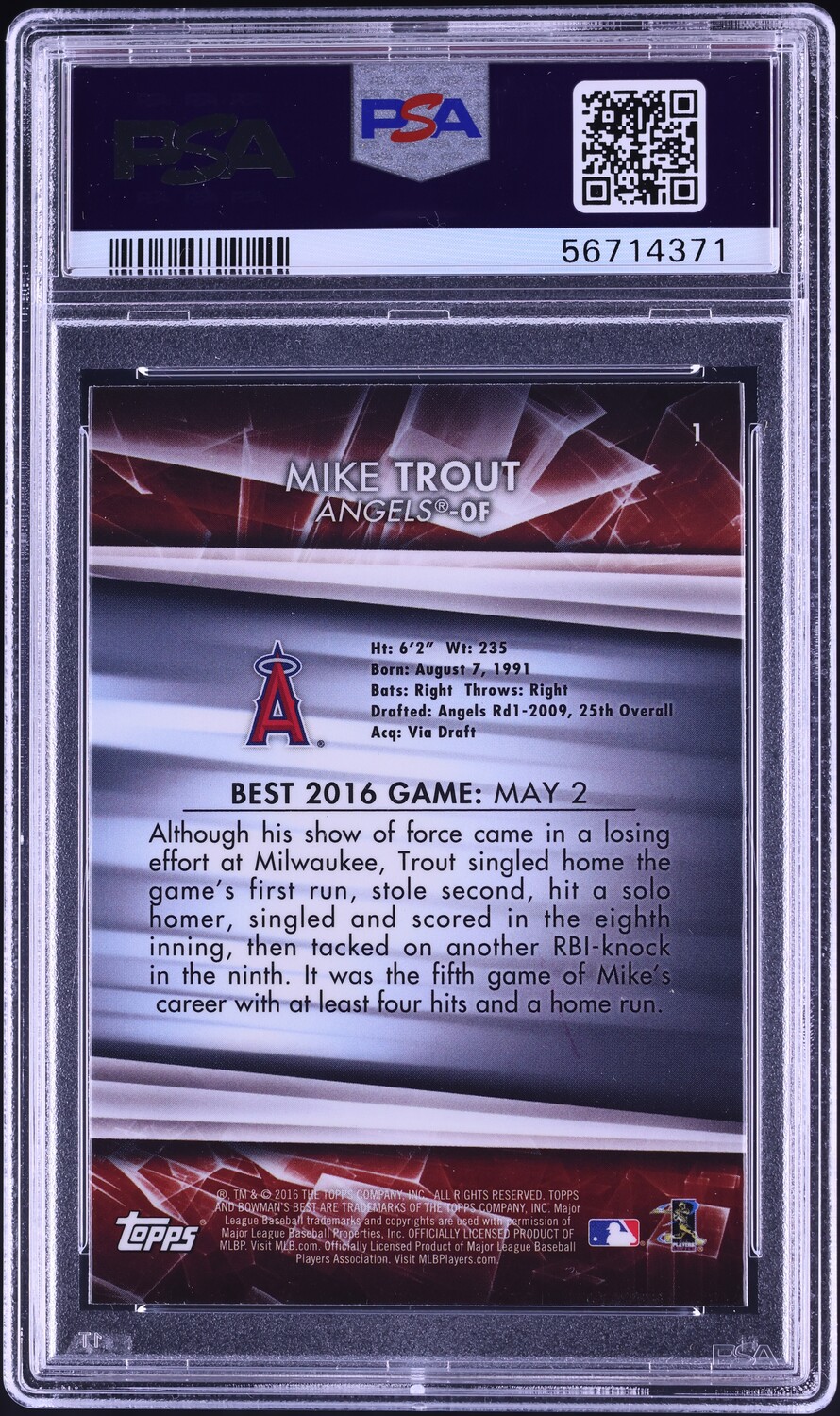 2016 Bowman's Best Atomic Refractor Mike Trout #1 PSA 10 GEM MINT