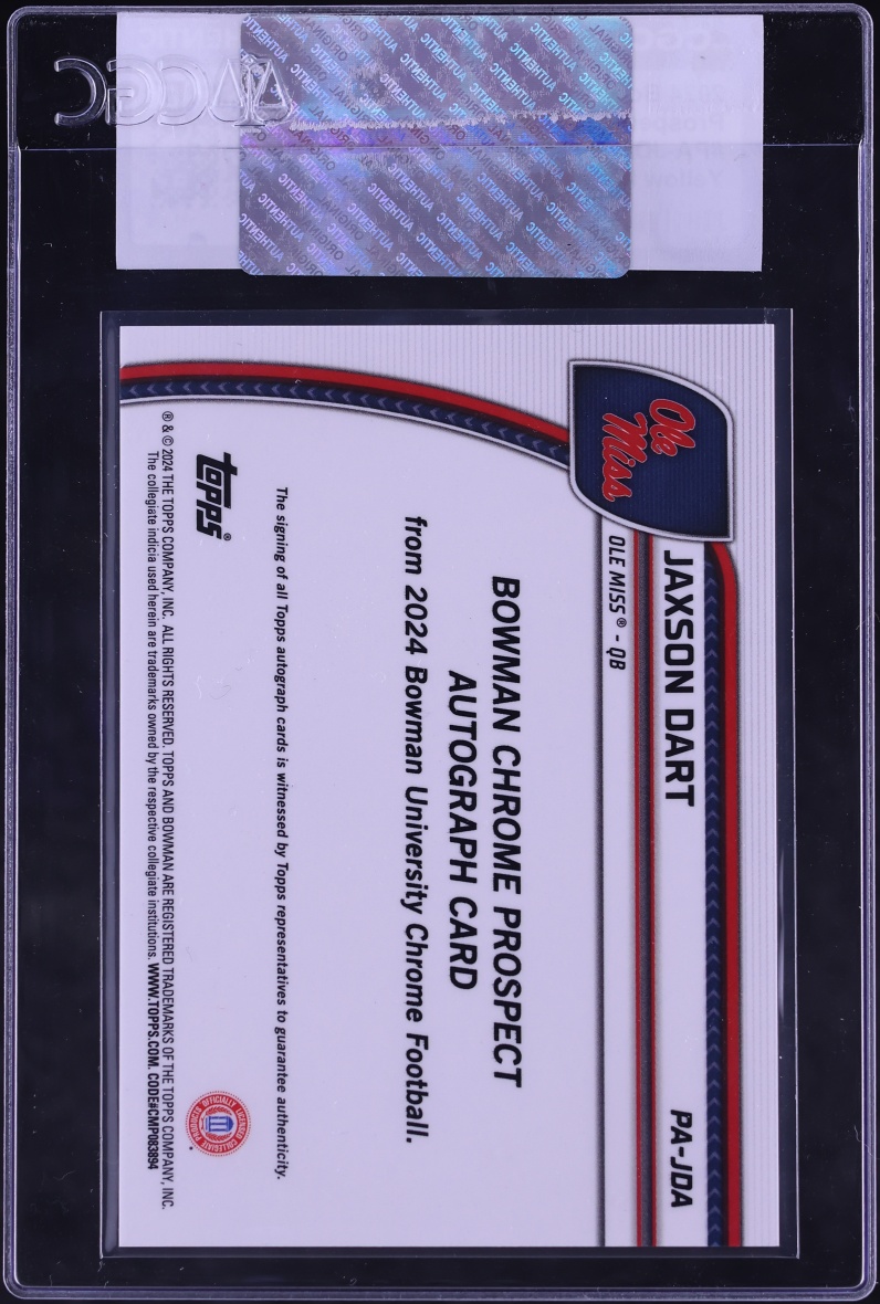 2024 Bowman Chrome University Yellow Refractor Jaxson Dart ROOKIE AUTO /75 #PA-JDA CGC AUTH