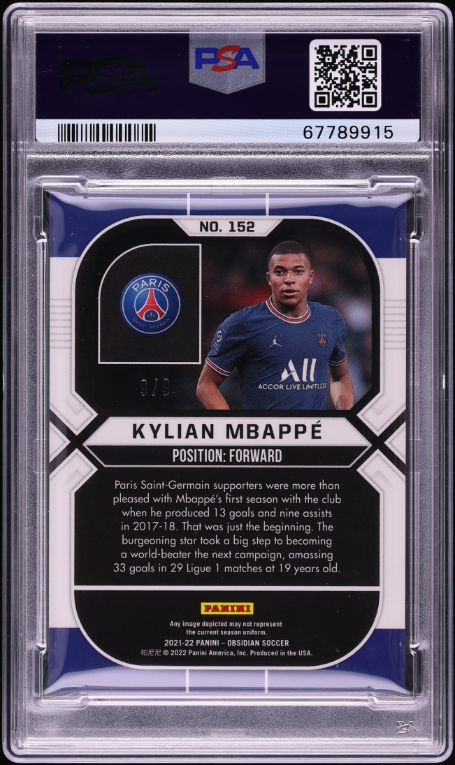 2021 Panini Obsidian Electric Etch Contra Kylian Mbappe 9/9 #152 PSA 9 MINT - Photo 2