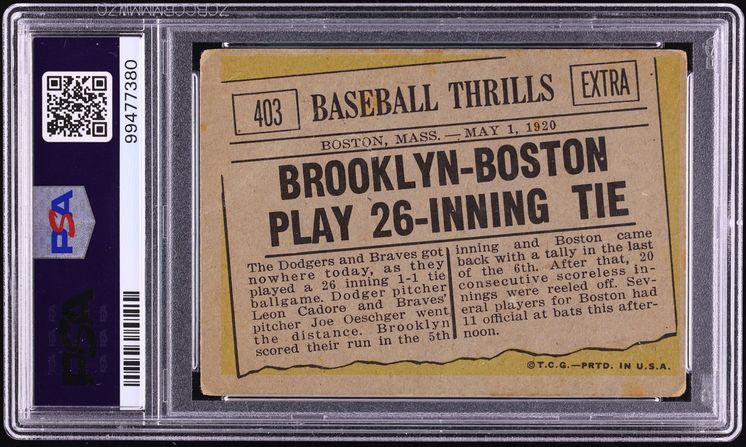 1961 Topps Brooklyn & Boston Play 26 Inning Tie #403 PSA 1.5 FR