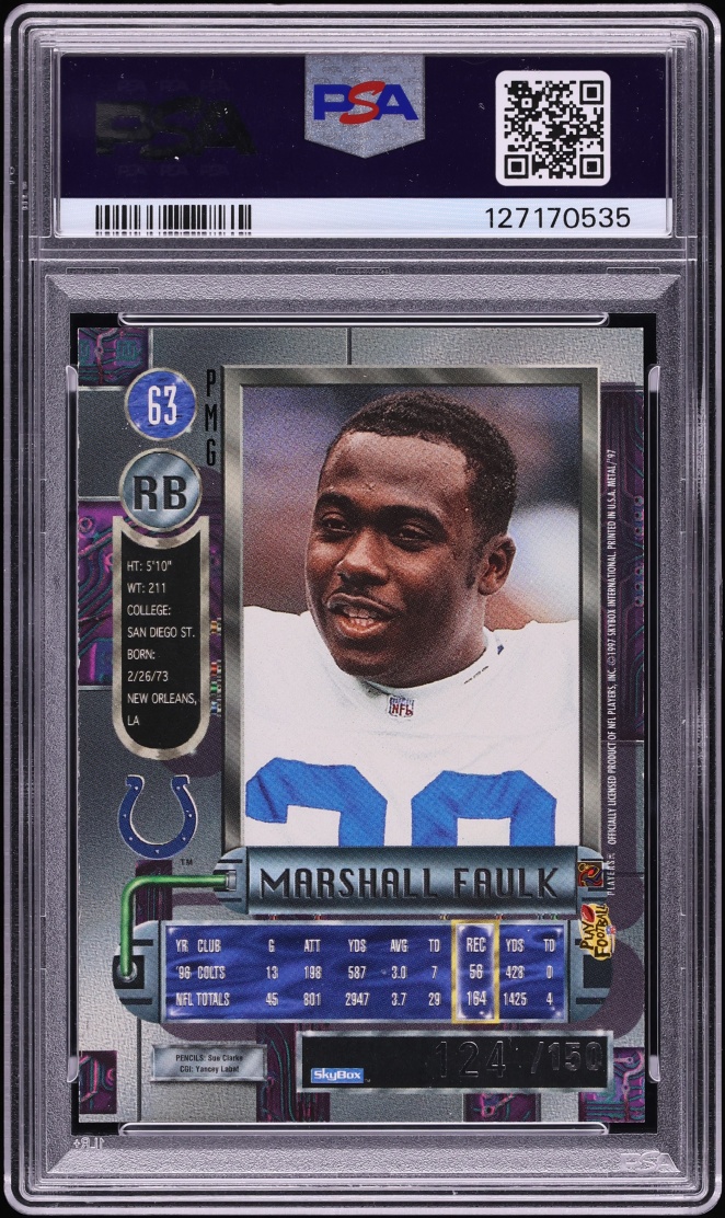 1997 Metal Universe Precious Metal Gems PMG Red Marshall Faulk /150 #63 PSA 7 NRMT