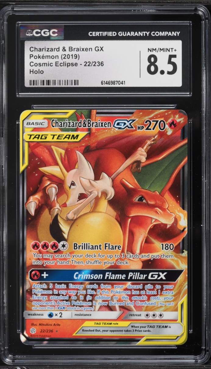 2019 Pokemon Sun & Moon Cosmic Eclipse Charizard & Braixen GX #22 CGC 8.5 NM-MT+