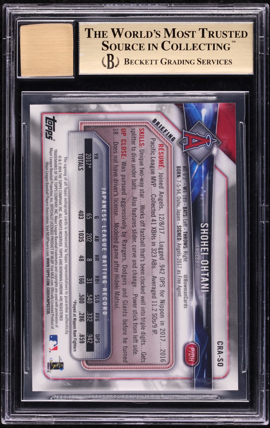 2018 Bowman Chrome Blue Refractor Shohei Ohtani ROOKIE AUTO /150 BGS 9.5 GEM