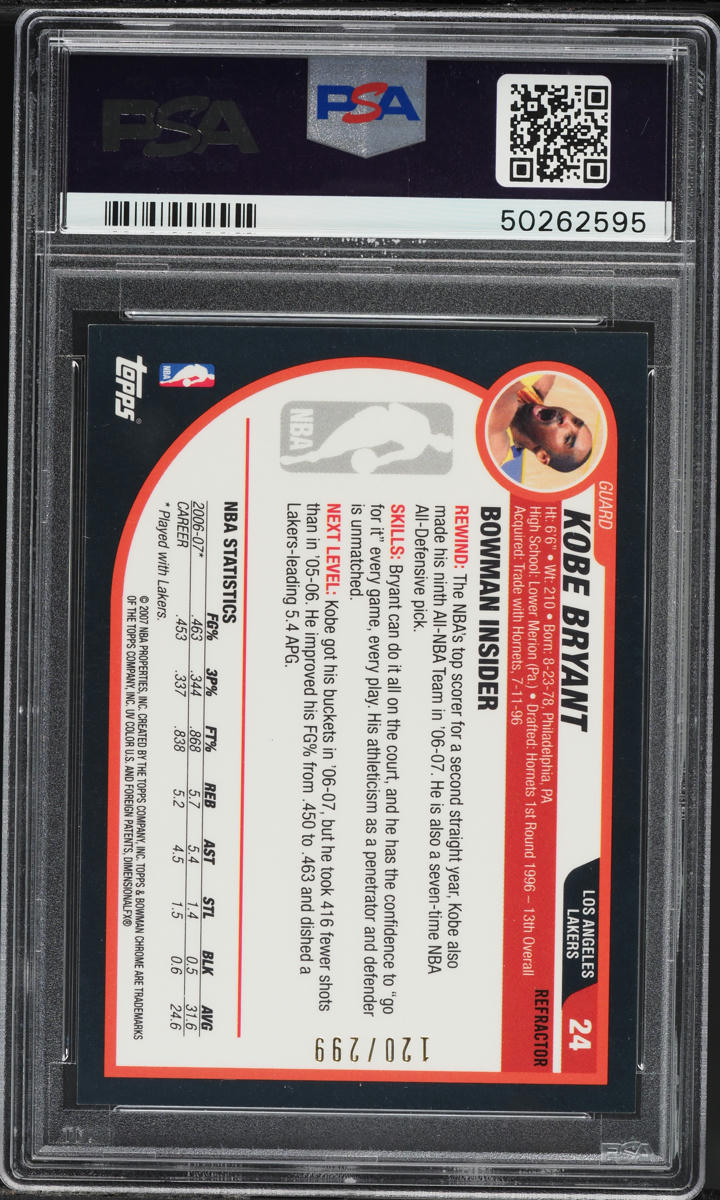 2007 Bowman Chrome Refractor Kobe Bryant /299 #24 PSA 9 MINT