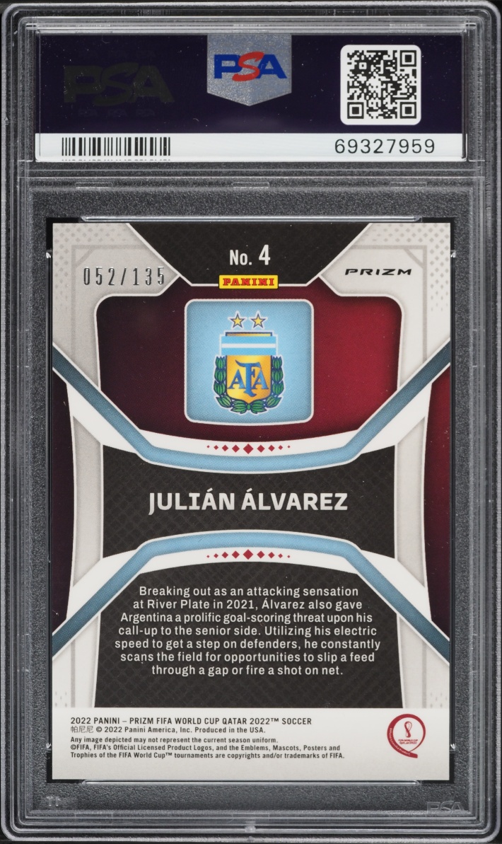 2022 Panini Prizm World Cup Qatar Blue Choice Julian Alvarez ROOKIE /135 #4 PSA 7 NRMT