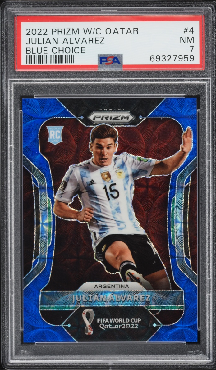 2022 Panini Prizm World Cup Qatar Blue Choice Julian Alvarez ROOKIE /135 #4 PSA 7 NRMT